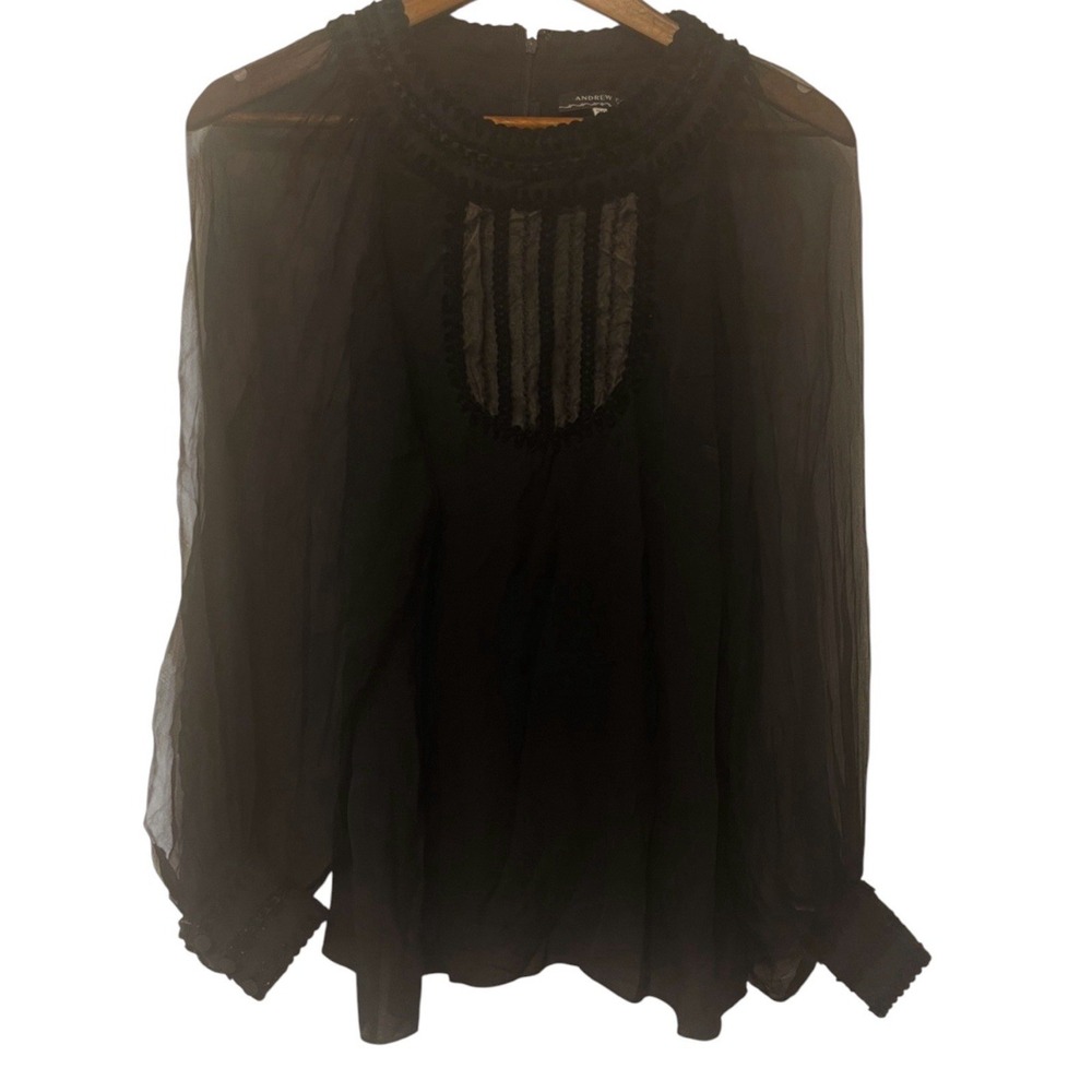 Andrew Gn Black Silk Sheer Placket Balloon Slv Top FR 38 US Size 6 Victorian